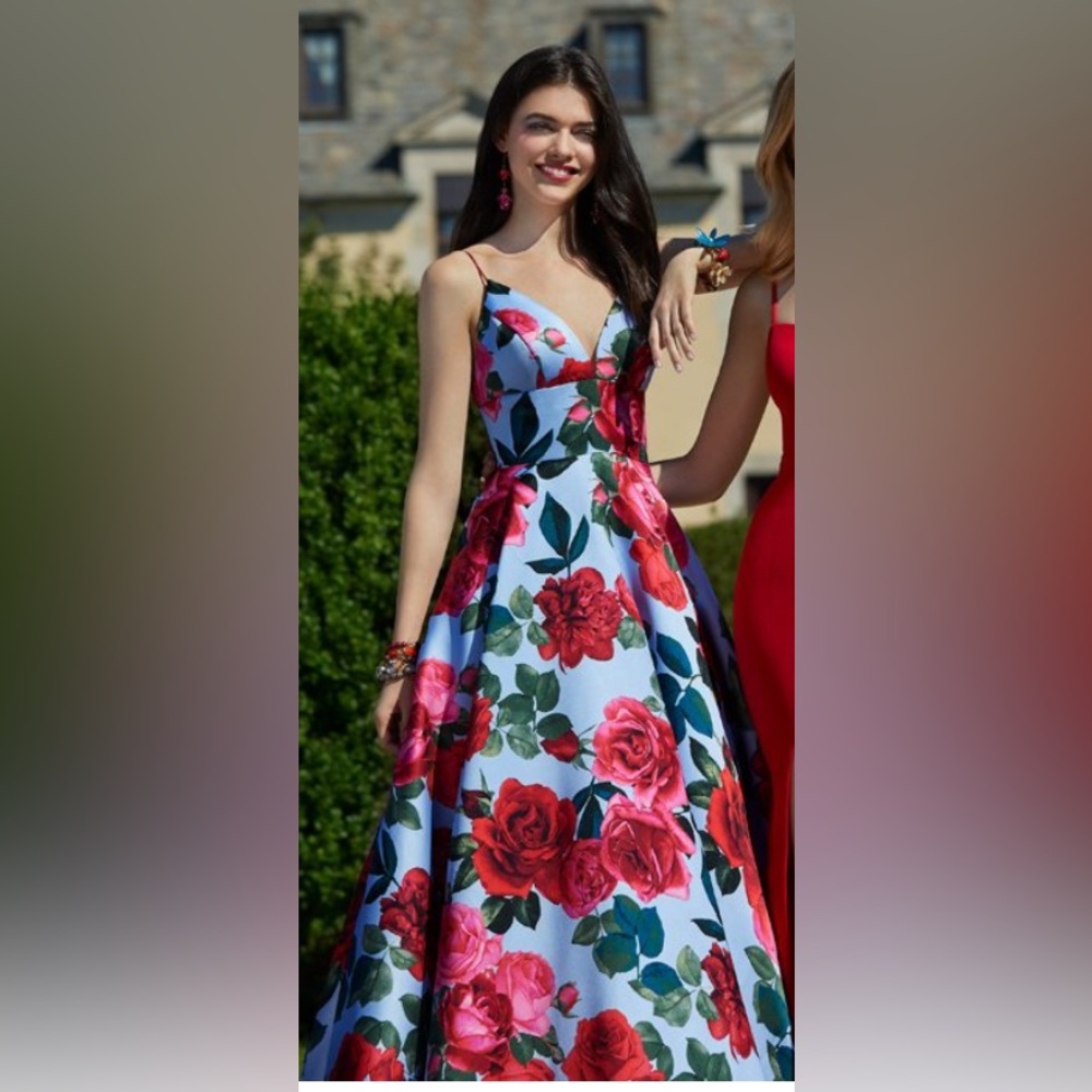 Camille La Vie Light Blue Floral Ball Gown with Red Roses